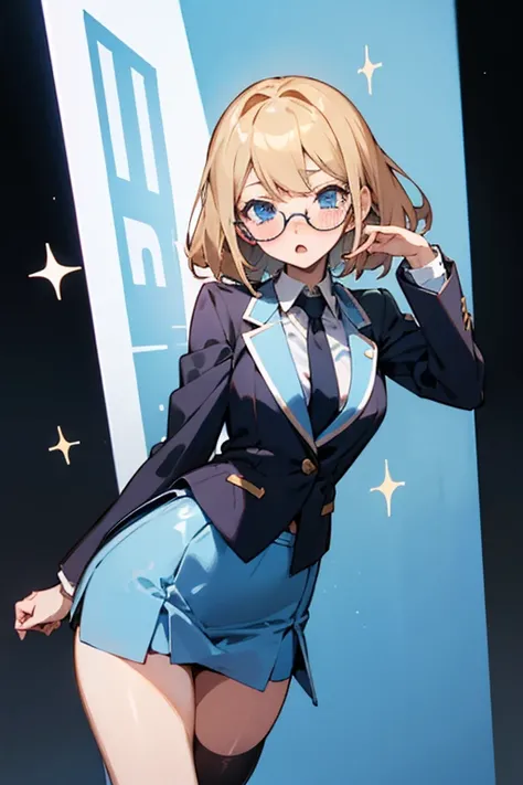 Marin kitagawa a female high schooler (my-dressed- up darling anime), blue skirt with deep blue check, short skirt, thy level short skirt, black transparent leg stockings, neck band, long white shirt sleeve folded up, with tie, blazer waist level. Bust siz...