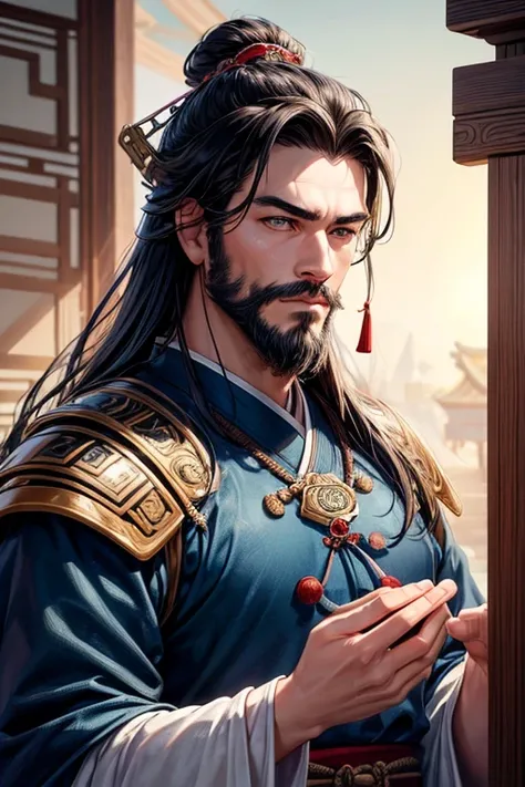 high quality，masterpiece，Men in ancient China， Wide jaw, delicate jaw line, good looking, male hump, Black Hair, Characters of Romance of the Three Kingdoms, Chain mail, General Armor, intense, beard, High resolution, good looking man, Men in ancient China...