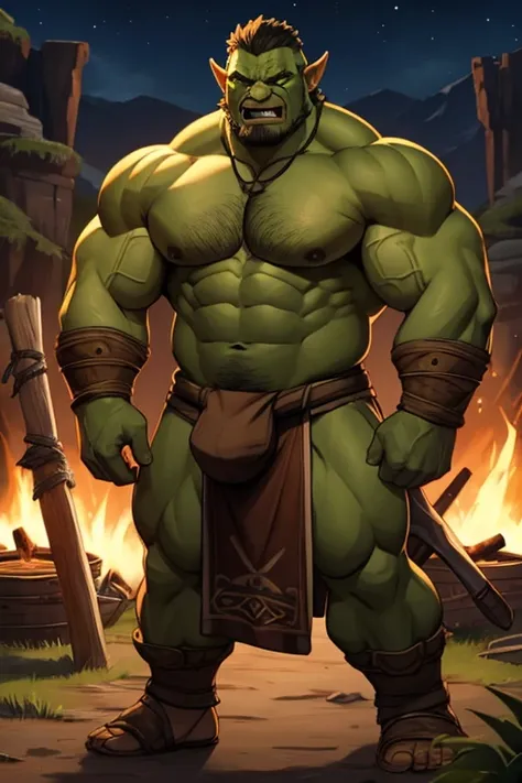 Before/After. A man in front of a bonfire turns into an Orc. Hyper muscles. Loin cloth. Big bulging crotch. Hyper crotch bulge. Hypnosis. Brainwashing. Brainwashed. Hypnotized. Growing tusks. Tribal orc warrior transformation. "Drums ... cant ... think. I ...