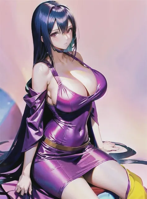 Woman in purple dress sitting on pink background, Nico Robin, ace lawyer maya fey, Hyuga Hyuga, seductive Anime Girl, Beautiful and attractive anime less sexual anime characters, 17 year old girl, (((Full breasts,)))(((Large Breasts))) (((Cleavage))),, bea...