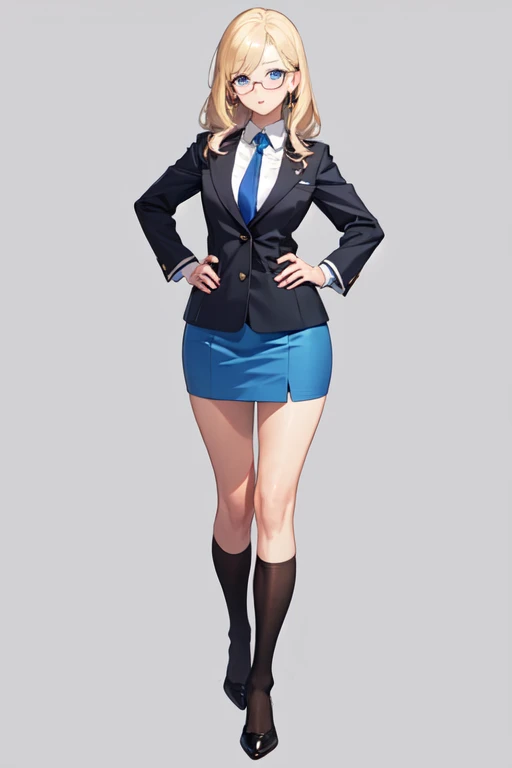 Marin kitagawa a female high schooler (my-dressed- up darling anime),deep blue check, short skirt, knee- level short skirt, black transparent leg stockings, neck band, long white shirt sleeve folded up, with tie, blazer waist level. Bust size 99 cm, waist ...