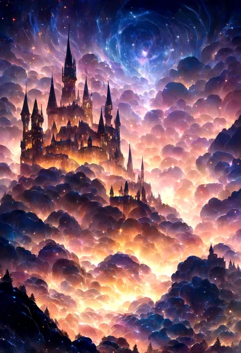 Harry Potter, marvel comic style, shimmering lights, castle in background, whirls of vapor, iridescent texture, ethereal ambiance, delicate details, insane amount of details, magical atmosphere, sparkles, magical elements.