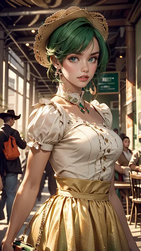 (Cowboy Shot), SFW, (masterpiece), (highest quality:1.0), (Ultra-high resolution:1.0), Fine grain, break , Miss Martian YJ, Green skin, short hair, One girl, sweet_Lolita, break, (street, indoor, Nice views)