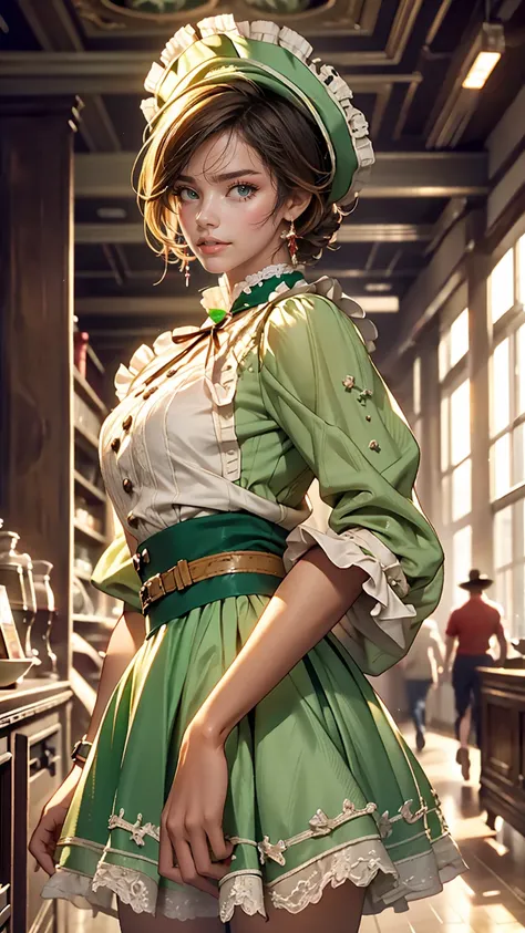 (Cowboy Shot), SFW, (masterpiece), (highest quality:1.0), (Ultra-high resolution:1.0), Fine grain, break , Miss Martian YJ, Green skin, short hair, One girl, sweet_Lolita, break, (street, indoor, Nice views)