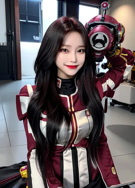 armoured girl, realistic, long hair, maroon black robotics, smile,