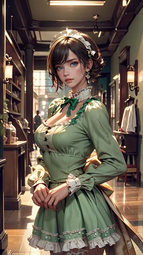 (Cowboy Shot), SFW, (masterpiece), (highest quality:1.0), (Ultra-high resolution:1.0), Fine grain, break , Miss Martian YJ, Green skin, short hair, One girl, sweet_Lolita, break, (street, indoor, Nice views)