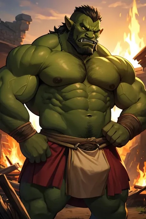 Before and after. A man in front of a bonfire transforms from human into an Orc. Hyper muscles. Loin cloth. Big bulging crotch. Hyper crotch bulge. Hypnosis. Brainwashing. Brainwashed. Hypnotized. Growing tusks. Tribal orc warrior transformation. "Drums .....