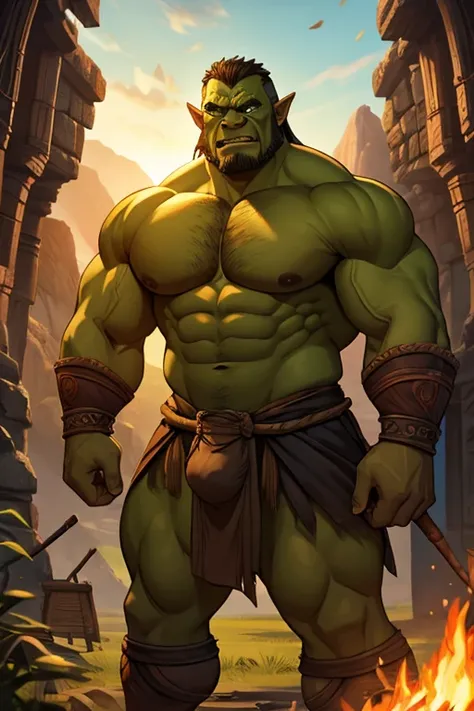 Before and after. A man in front of a bonfire transforms from human into an Orc. Hyper muscles. Loin cloth. Big bulging crotch. Hyper crotch bulge. Hypnosis. Brainwashing. Brainwashed. Hypnotized. Growing tusks. Tribal orc warrior transformation. "Drums .....