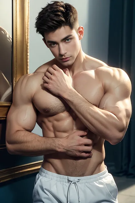 Ultra wide angle，((masterpiece)),((best quality)),8K,High Detail,Very detailed, 2 handsome muscular boys，Full chest muscles，Six Pack，Very manly，golden brown eyes，Stylish short hair，Vivid male image, fashion pose, masculine expression，Real skin texture, ((P...