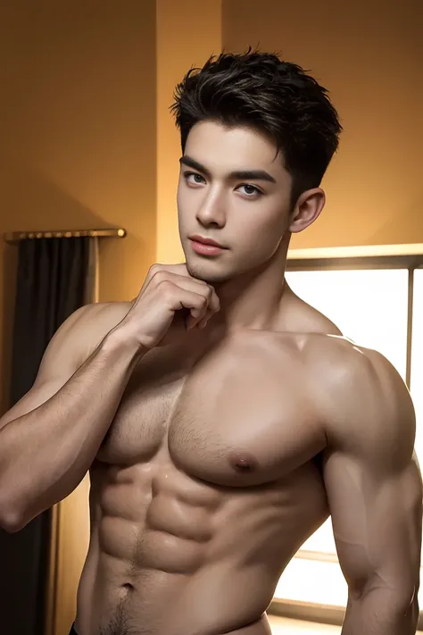 Ultra wide angle，((masterpiece)),((best quality)),8K,High Detail,Very detailed, 2 handsome muscular boys，Full chest muscles，Six Pack，Very manly，golden brown eyes，Stylish short hair，Vivid male image, fashion pose, masculine expression，Real skin texture, ((P...