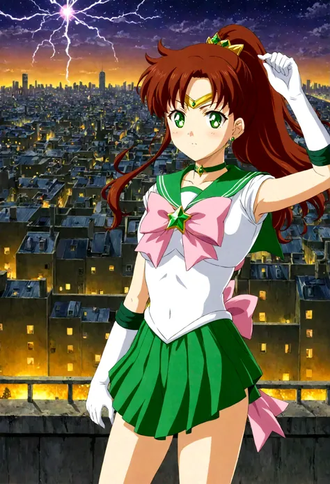 sailor jupiter bringing the thunder! masterpiece, best quality, 1girl, solo, looking at viewer, facing viewer, night, rooftop, c...