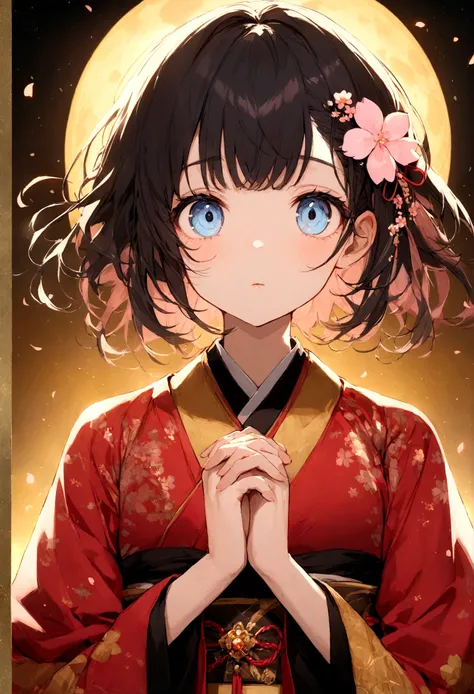 ((Praying Hands)),Upper Body,((Looking at the audience)),Facing the front,Gorgeous red kimono,Intricate patterns that complement the kimono,Long black hair,Pink cherry blossom hair accessory,Beautiful and delicate face,blue eyes,Big eyes,Extremely fine res...