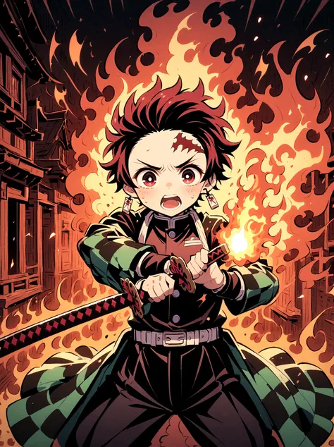 kamado tanjirou, demon slayer anime, weapon focus，bright red hair, sparkling red eyes，muscular，intricate tattoos，(holding a burn...