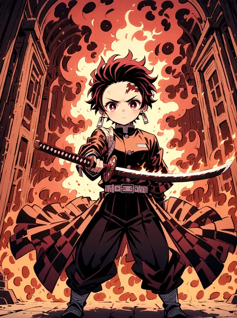 kamado tanjirou, demon slayer anime, weapon focus，bright red hair, sparkling red eyes，muscular，intricate tattoos，(holding a burn...