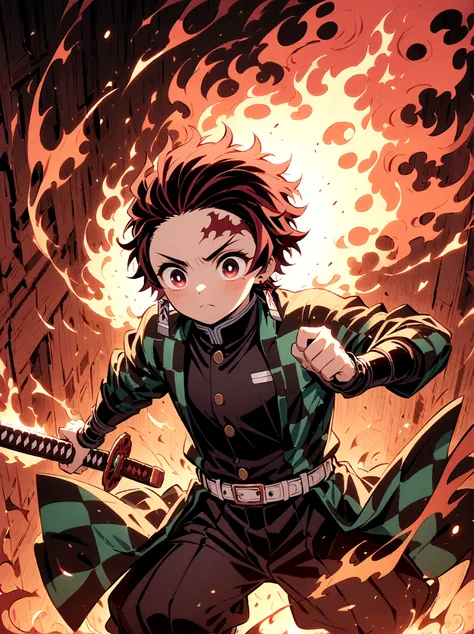 kamado tanjirou, demon slayer anime, weapon focus，bright red hair, sparkling red eyes，muscular，intricate tattoos，(holding a burn...