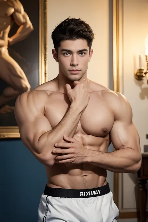 Ultra wide angle，((masterpiece)),((best quality)),8K,High Detail,Very detailed, 2 handsome muscular boys，Full chest muscles，Six Pack，Very manly，golden brown eyes，Stylish short hair，Vivid male image, fashion pose, masculine expression，Real skin texture, ((P...