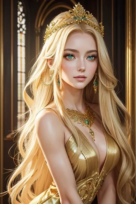 a beautiful woman with flawless porcelain skin, long flowing golden hair, captivating green eyes, a divine goddess-like physique adorned with shimmering golden details, delicately dressed in flowing elegant robes, an expression of ecstasy and delight upon ...