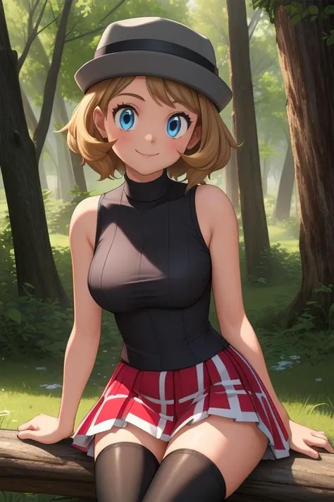 pkmnserena, 1girl, solo, blue eyes, blonde hair, short hair, bangs, hat, grey headwear,
black shirt, turtleneck, sleeveless, red...