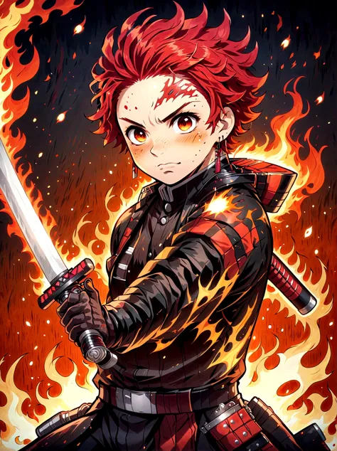 kamado tanjirou, demon slayer anime, weapon focus，bright red hair, sparkling red eyes，muscular，intricate tattoos，(holding a burn...