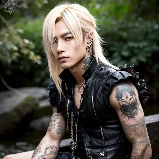 1 japanese male rocker, asien eyes, Visual Kai hairstyle, ultra detailed face and body, hyperrealistic, realistic representation, muscular, broad shoulders, tattoos gothic style, piercings, Visual Kei style, hairstyle Visual Kei, blond, 30 years old, age 3...