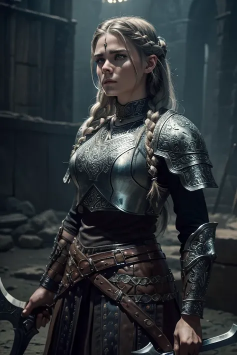 A beautiful Viking warrior woman, Laguertha, (1girl:1.2), detailed face, piercing eyes, fierce expression, long braided hair, wearing intricate leather armor, holding a large battle axe, (medieval, fantasy:1.1), dramatic lighting, cinematic, dark moody atm...