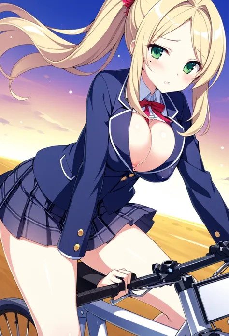 KANZAKIMIKOTO, BLONDE HAIR, ponytail, HAIR INTAKES, parted bangs, long hair, green eyes, mole under eye, 15years old,, large breasts,, Riding a bike through the sky, solo nsfw  early morning、 Blazer skirt nipple