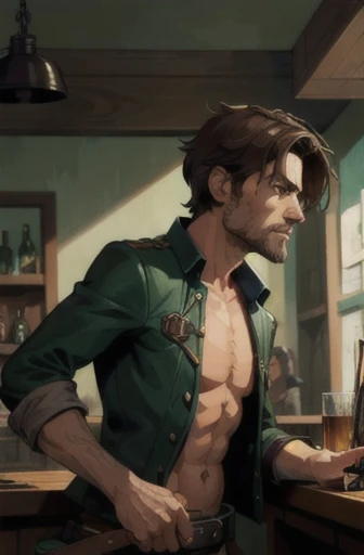 1 person, pirate, At the pub, stand up, stoic, Brown Hair, leather, Green Eyes, (atmosphere), Consistent, Conte, amazing, Sharp lines, (Brush Color)
