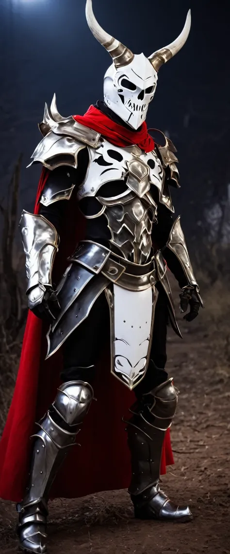 blurred background, breastplate, fake horns, skull mask, full armor, gloves, Shining, night hailok, helmet, horns, jewelry, pauldrons, red cape, robot, shoulder guard, skeleton, standing, torn clothes, trunk tops body, white gloves, dynamic pose,