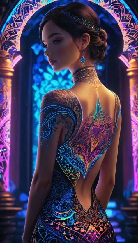 A princess，glowing tattoo，Complex geometry, Colorful blur, Evening dress，abstract backgrounds。shadows and highlights，subtle reflections，charming body，Black light art，fluorescent art，glow in the dark art，dark temptation，The beauty of tattoos，Neon lights，Enc...