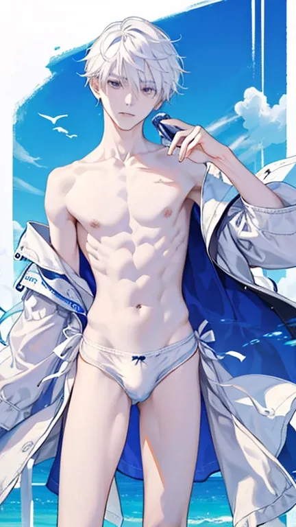 14 years old,long, leg fair_skin,thin,white hair,narrow_waist, swim_briefs,in summer,full-shot，