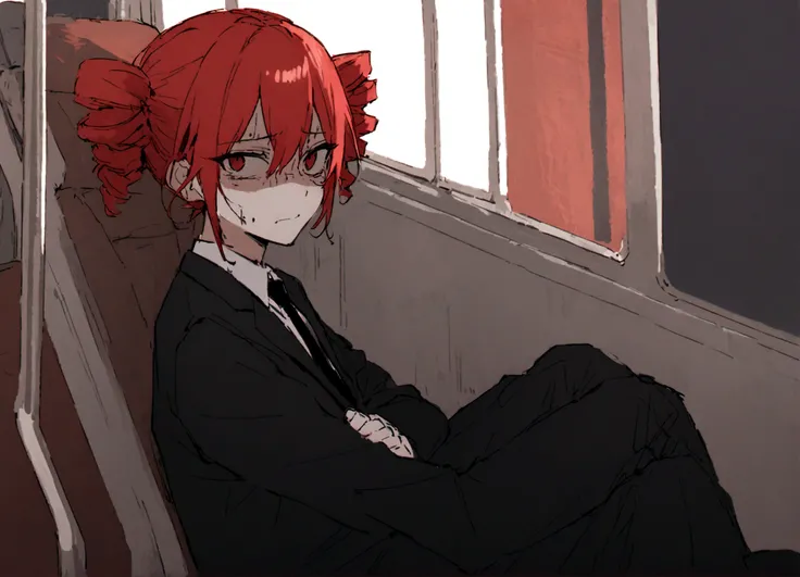 Red hair、Black Suit、Painful face、on the train、Sitting