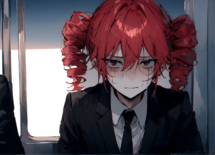 Red hair、Black Suit、Painful face、on the train、Sitting