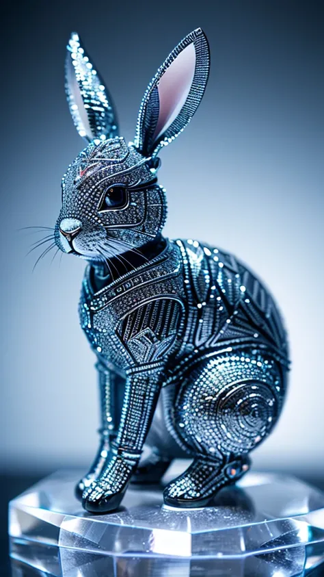 A cute rabbit made of crystal, 4K, (cyborg:1.1), ([tail|detail wire]:1.3), (intricate detail), hdr, (intricate detail, super detail:1.2), cinematography, vignetting, centering