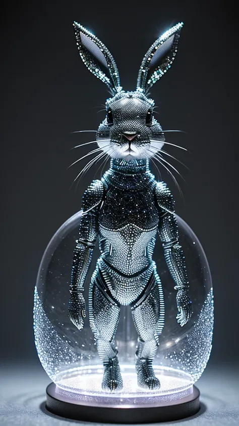 A cute rabbit made of crystal, 4K, (cyborg:1.1), ([tail|detail wire]:1.3), (intricate detail), hdr, (intricate detail, super detail:1.2), cinematography, vignetting, centering