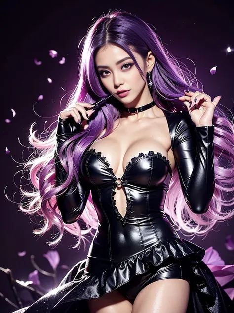 ultra realistic girl who controls poison, halloween, goth, gyaru, lip-gloss, gothic makeup, purple flowing hair, sparkling poisoned flower costume、、、、secrete poison, skull hair accessoires, sweet and sexy, seductive pose, shy, smile, flowers background