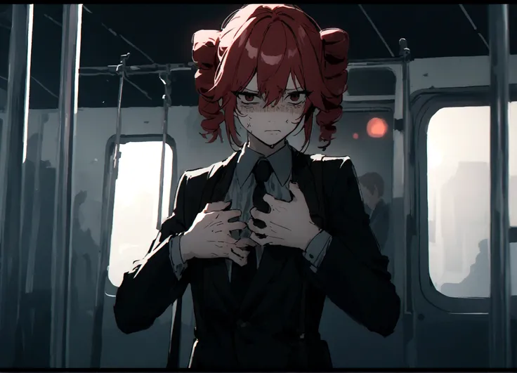 Red hair、Black Suit、Painful face、on the train、Grabbing the straps、Are standing