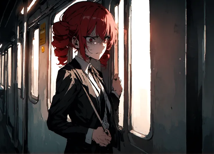 Red hair、Black Suit、Painful face、on the train、Grabbing the straps、Are standing