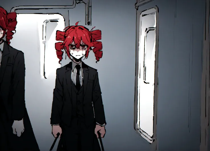 Red hair、Black Suit、Painful face、on the train、Grabbing the straps、Are standing