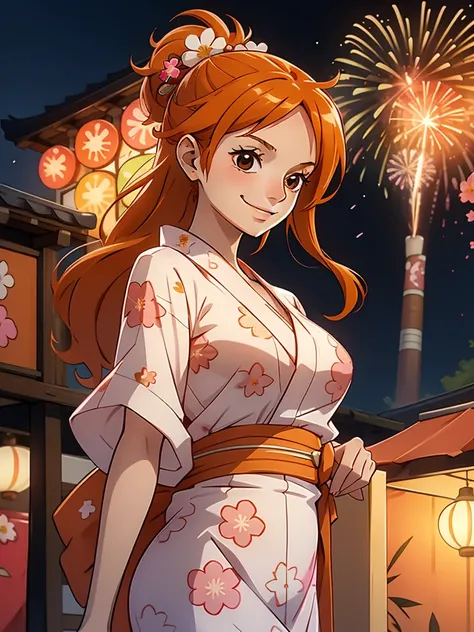 Cute  s,round and brown eyes、Orange hair color、no-bra、Medium Long Straight Hairstyles、Wearing a yukata with a white and pink floral pattern、Fireworks Festival、a smile、Have apple candy、natta、Wearing hair ornaments