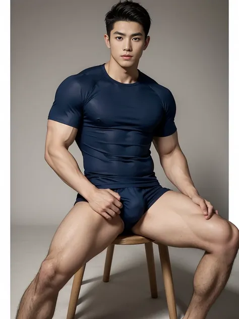 1 Handsome  naked Japanese guy ，Sexy pose, A 20 year-old man wearing a Bare chest shirt and Excellent shorts stands against a white background, navy blue, navy blue, Sports T-shirt, blue, Excellent Sportswear, Gorgeous and sexy clothes, Sportswear, Short s...