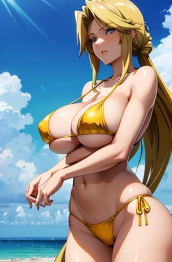 (Strong sunlight)Golden Bikini
(Condescending face:1.5), The face we&#39;re looking for,8k(A slightly shy smile)
woman,Huge boobs,very red lips,Emphasis on huge breasts,Big Ass,Thin waist long legs,Green Eyes, Emphasis on huge breasts,Greenish blue eyes 8k...