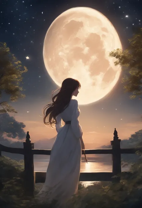 Condensed beauty，Across the sky, Starry moon painting, Concept art inspired by Mitsuoki Tosa, pixiv Contest Winner, highest quality, Fantasy art, Beautiful anime scene, Bright Moon, Starry Sky environment in moonlight, Dream painting, Anime Background Art,...