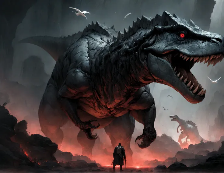 dinosaur, Predator、(masterpiece, High resolution, high quality, Ultra-realistic:1.2), Tyrannosaurus,Black and white grey skin、Faint feathers around the neck、 Red eyes shining in the darkness, Surreal Landscape, Dramatic composition, Vibrant colors, Eerie D...