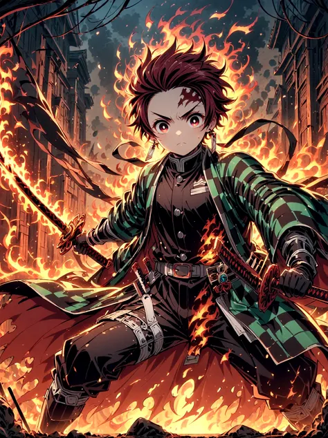 kamado tanjirou, demon slayer anime, weapon focus，bright red hair, sparkling red eyes，muscular，intricate tattoos，(holding a burn...