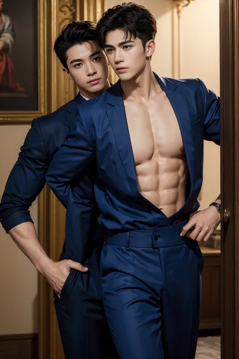 ((masterpiece)),((best quality)),8K,high detail,Extremely detailed, Very masculine，2 men, Male Love，fashionable pose, Real skin texture, movie lighting,
Royal blue style couple