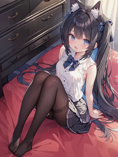 1 Girl，individual，long hair，pantyhose，blue eyes，No shoes，skirt，shirt，sleeveless，Bow，白shirt，black hair，looking at the audience，sitting，Chest，黑色Bow，bowtie，sleevelessshirt，open mouth，blush，indoor，Pillow，Very long hair，on the bed，Arm，棕色pantyhose、中等Chest，Pleate...