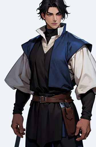 6 foot tall man, Short black hair, Sapphire-like eyes, Dressed as a medieval European peasant, civilian, Plain white tunic, and black pants, Very bad, Very dark background, Reserve soldier