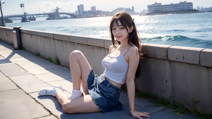 Japanese black-haired high school girl。A very cute face like a popular idol。Translucent white skin。Denim skirt too short。Very slim and beautiful legs。Sitting on the seaside。Her breasts are so big they seem to burst from her camisole。Smiling slightly at the...