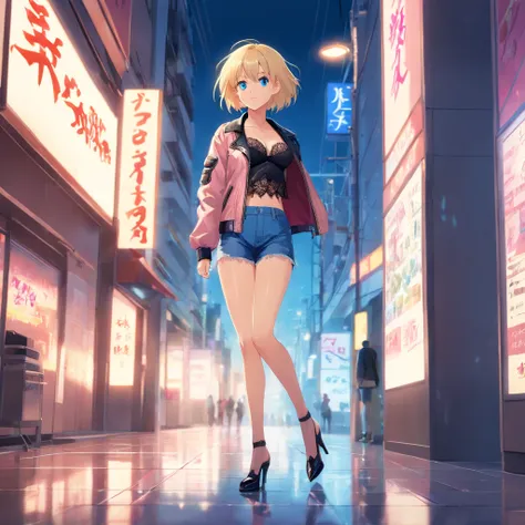 17 years old Women, ((Blonde)), ((Blue eyes)), ((Short hair)), ((Full shot)), very detailed makeup, pale pink lipstick, long earrings, wears leather jacket ((with lace bra)) and jean shorts, and fishnet stockings and black high heels with Louboutin style h...