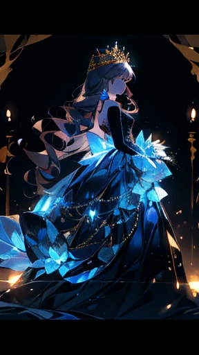 A princess, black (bioluminescent dress), long hair, crystal, flowers, gold